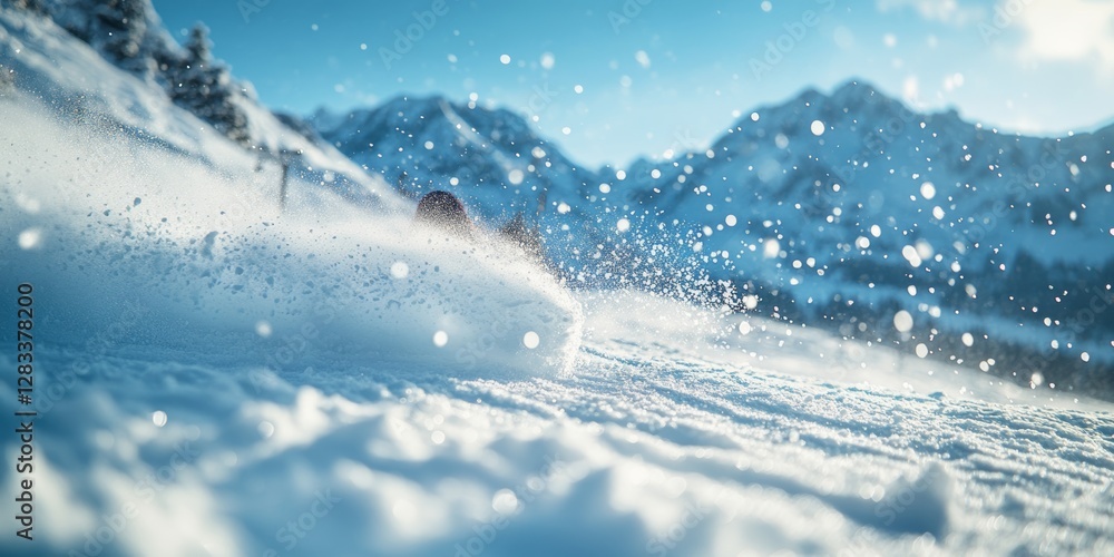 Obraz premium Skier making turns in fresh powder snow on sunny day