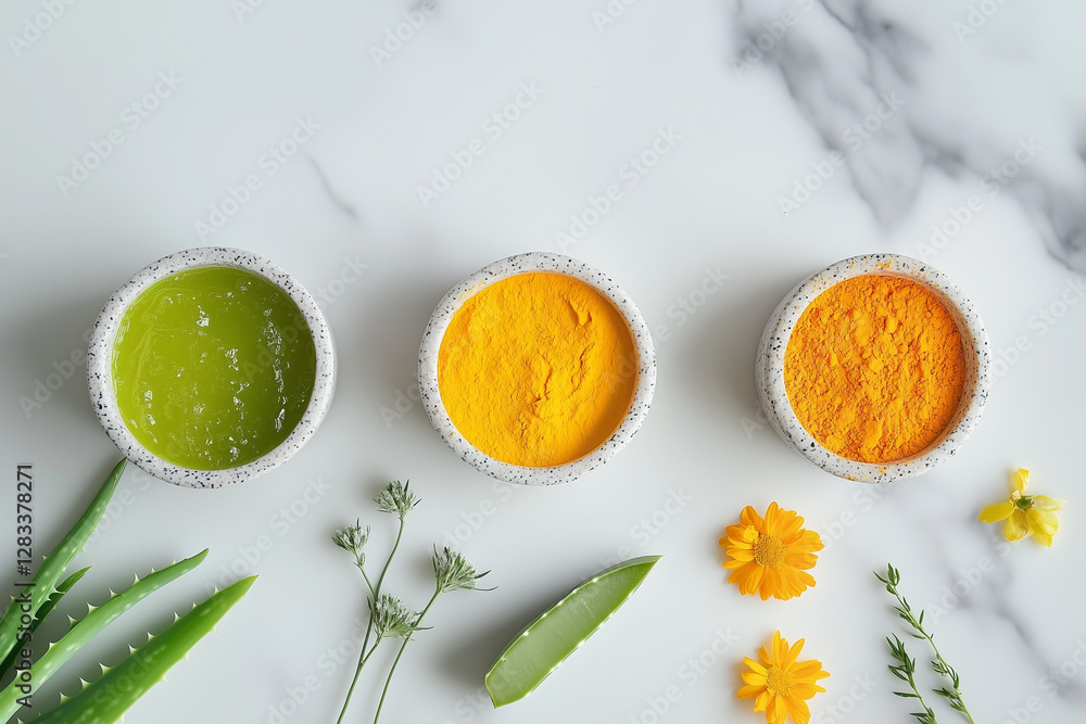 Top Shot of Arnica, Turmeric, and Aloe Vera on a Natural Surface – Herbal Wellness