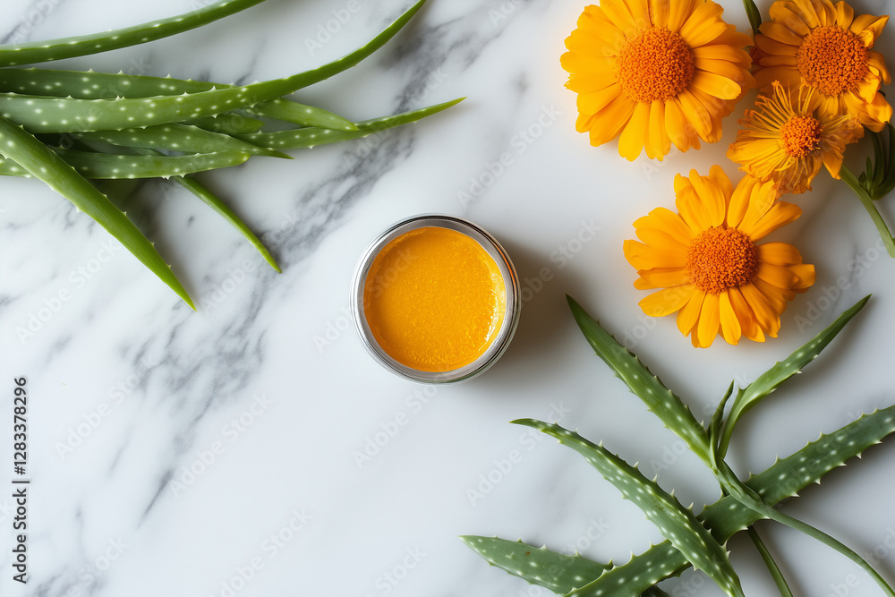 Top Shot of Arnica, Turmeric, and Aloe Vera on a Natural Background