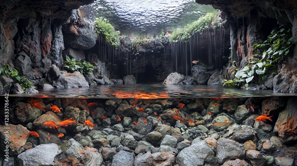 Fototapeta premium Orange Goldfish in a Lush Underwater Cave Aquarium