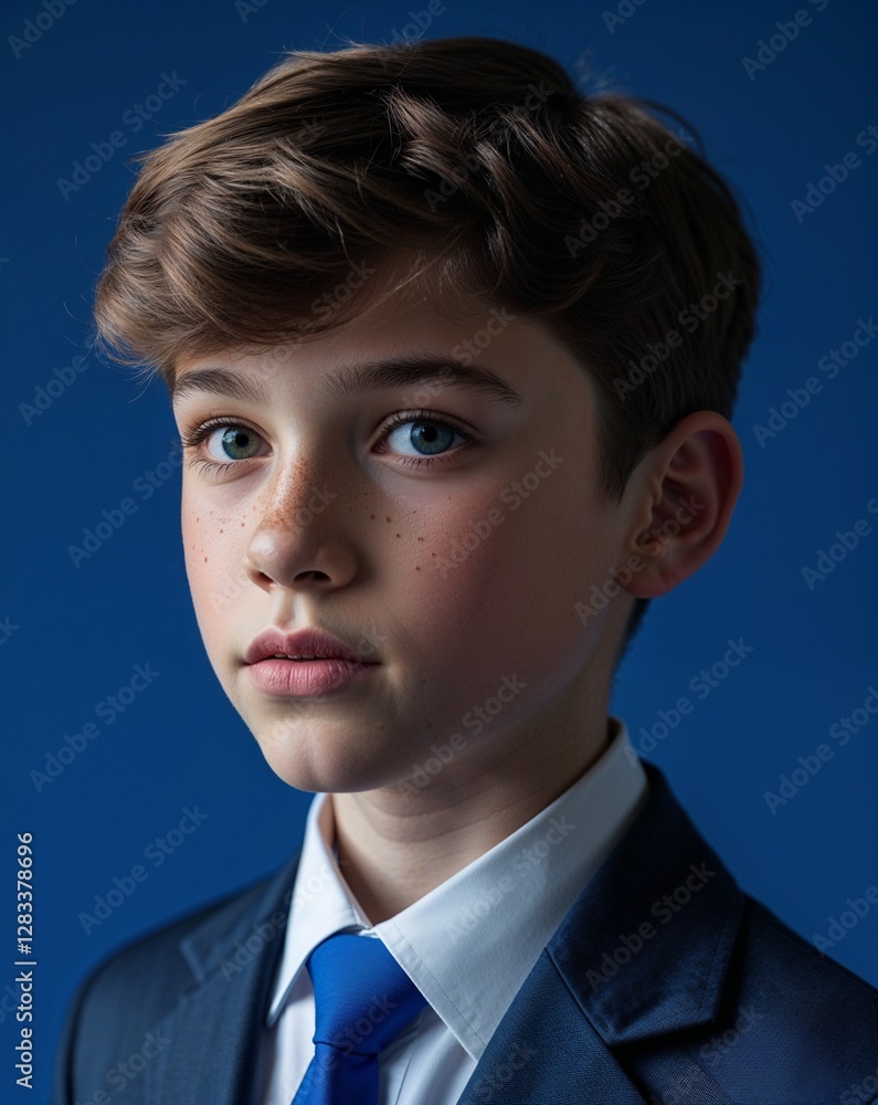A teenage boy in formal attire in close up portrait on a plain red background