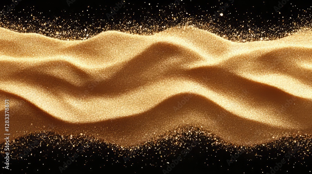 Fototapeta premium Top-down view of golden sand scattering with dramatic motion, on black