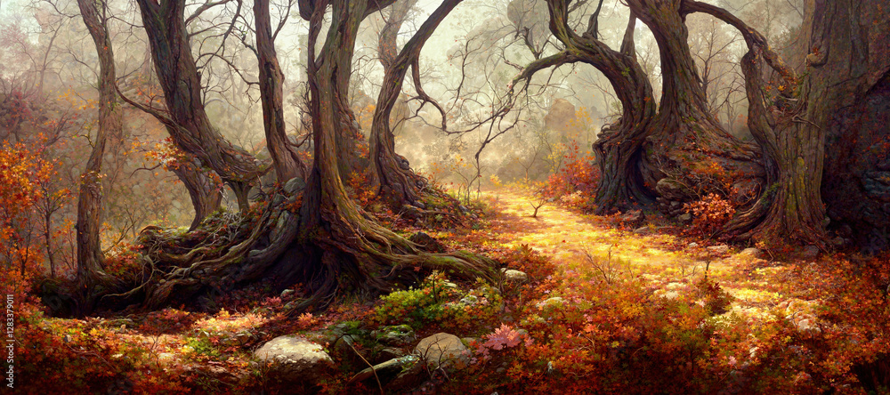 Fairytale thicket of dense forest trees, secluded Autumn season glade shrouded in mystery and folklore legends, enchanting nature aesthetic Fairytale thicket of dense forest trees, secluded Autumn season glade shrouded in mystery and folklore legends, enchanting nature aesthetic