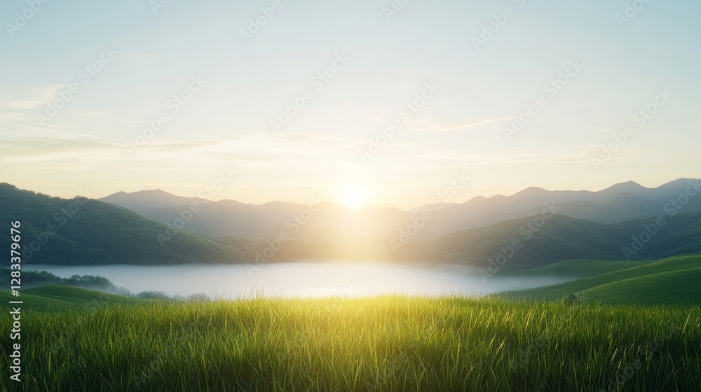 Obraz premium Serene Sunrise Over Lush Green Hills and Tranquil Lake Landscape