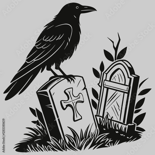 a crow perched on a gravestone silhouette vector design art and illustration