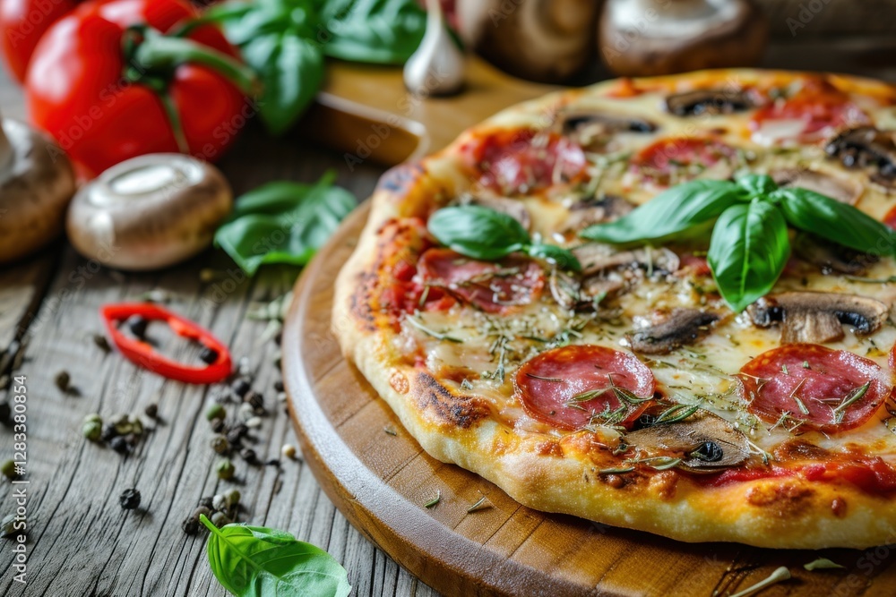 Pizza. Pizza Mushroom, Classic Pizza with Tomato Sauce, Mozzarella Cheese, and Fresh Mushrooms, Flavorful Pizza Isolated on a Background with Copy Space. Pizza. Pizza Mushroom, Classic Pizza with Tomato Sauce, Mozzarella Cheese, and Fresh Mushrooms, Flavorful Pizza Isolated on a Background with Copy Space.