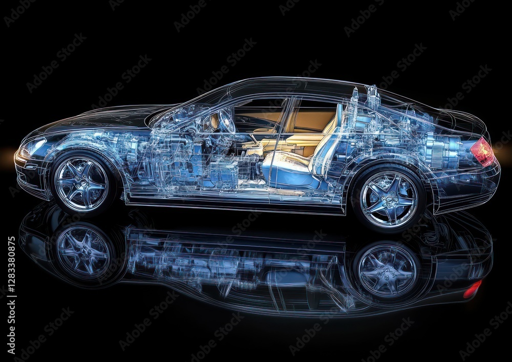 Translucent sedan car cutaway view detailed design with internal mechanics and dramatic lighting Translucent sedan car cutaway view detailed design with internal mechanics and dramatic lighting