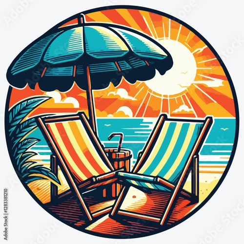 BEACH CHAIRS UMBRELLA stock illustration