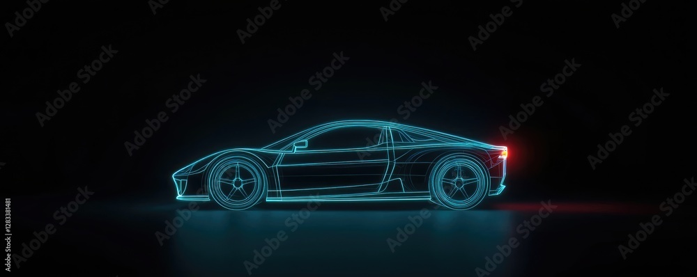 A futuristic wireframe car illuminated in blue against a dark background, showcasing a sleek and modern design. A futuristic wireframe car illuminated in blue against a dark background, showcasing a sleek and modern design.