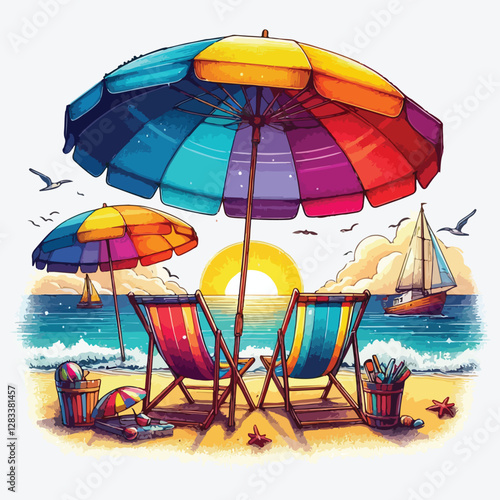 BEACH CHAIRS UMBRELLA stock illustration