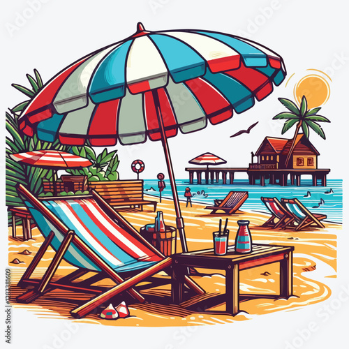 BEACH CHAIRS UMBRELLA stock illustration