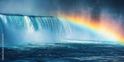Niagara falls creates a colorful rainbow mist over rushing water