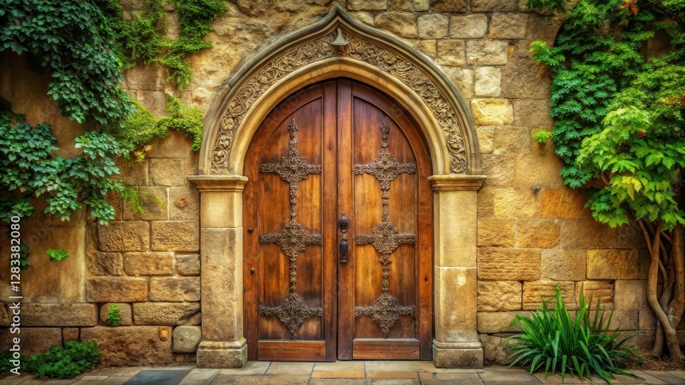 An old wooden door with intricate carvings and a delicate archway, set against a warm stone wall in a serene natural landscape, archway, nature An old wooden door with intricate carvings and a delicate archway, set against a warm stone wall in a serene natural landscape, archway, nature