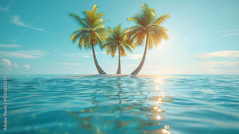 Obraz premium Island in ocean, abstract environmental background. Long banner with view on under water life, deep blue water and palm trees on the shore. HD 8K ramzan wallpaper Photographic Image