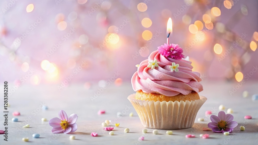 Pastel pink frosted cupcake with a single candle on top Pastel pink frosted cupcake with a single candle on top