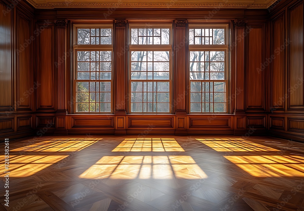Fototapeta premium Sunlit Wooden Room Interior with Large Windows
