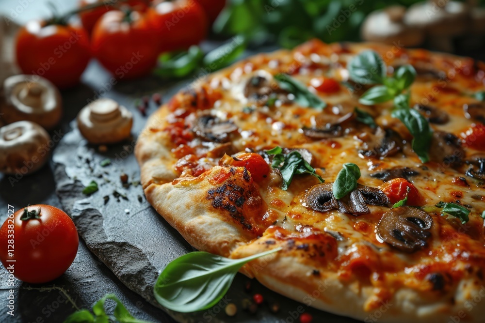 Pizza. Pizza Mushroom, Classic Pizza with Tomato Sauce, Mozzarella Cheese, and Fresh Mushrooms, Flavorful Pizza Isolated on a Background with Copy Space. Pizza. Pizza Mushroom, Classic Pizza with Tomato Sauce, Mozzarella Cheese, and Fresh Mushrooms, Flavorful Pizza Isolated on a Background with Copy Space.