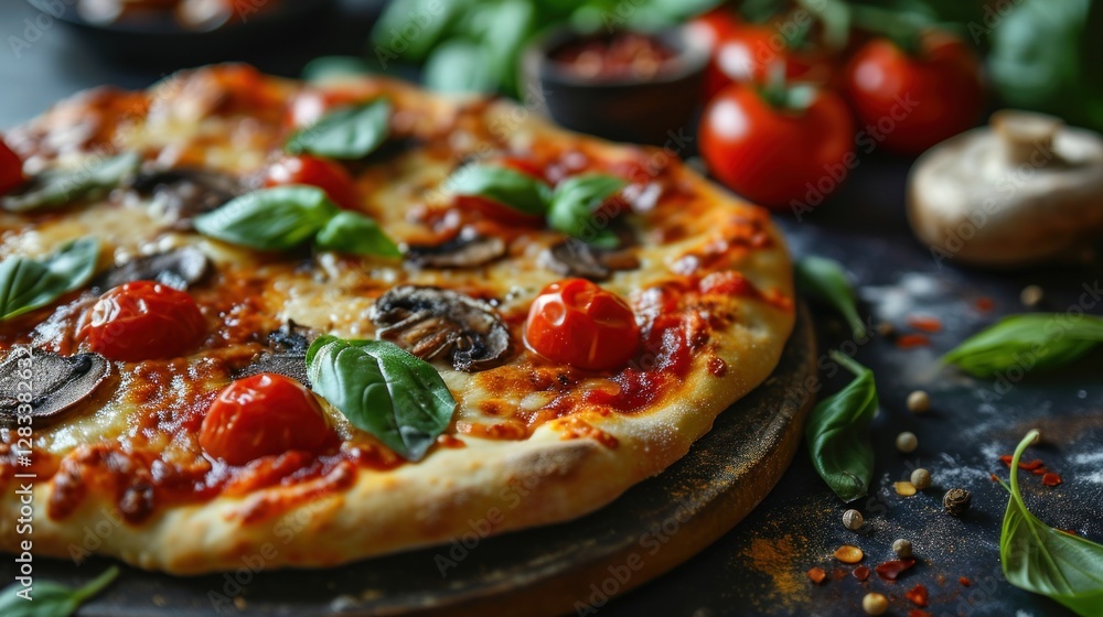 Pizza. Pizza Mushroom, Classic Pizza with Tomato Sauce, Mozzarella Cheese, and Fresh Mushrooms, Flavorful Pizza Isolated on a Background with Copy Space. Pizza. Pizza Mushroom, Classic Pizza with Tomato Sauce, Mozzarella Cheese, and Fresh Mushrooms, Flavorful Pizza Isolated on a Background with Copy Space.