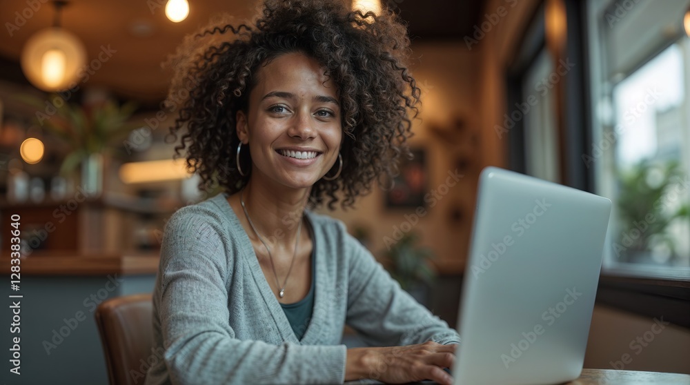 Fototapeta premium Beautiful smiling young woman with curly hair working on laptop, girl freelancer or student with computer in cafe at table, looking in camera