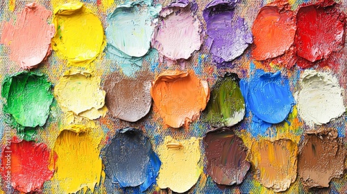 A vibrant palette of oil paints is displayed on a textured canvas, showcasing a variety of colors perfect for artists, This image can be used for art blogs, instructional materials photo