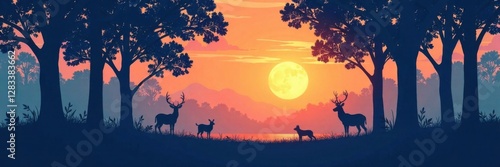 Dense forest with silhouettes of blue trees and animals against a warm sunlit sky , nature, landscape, wild animals