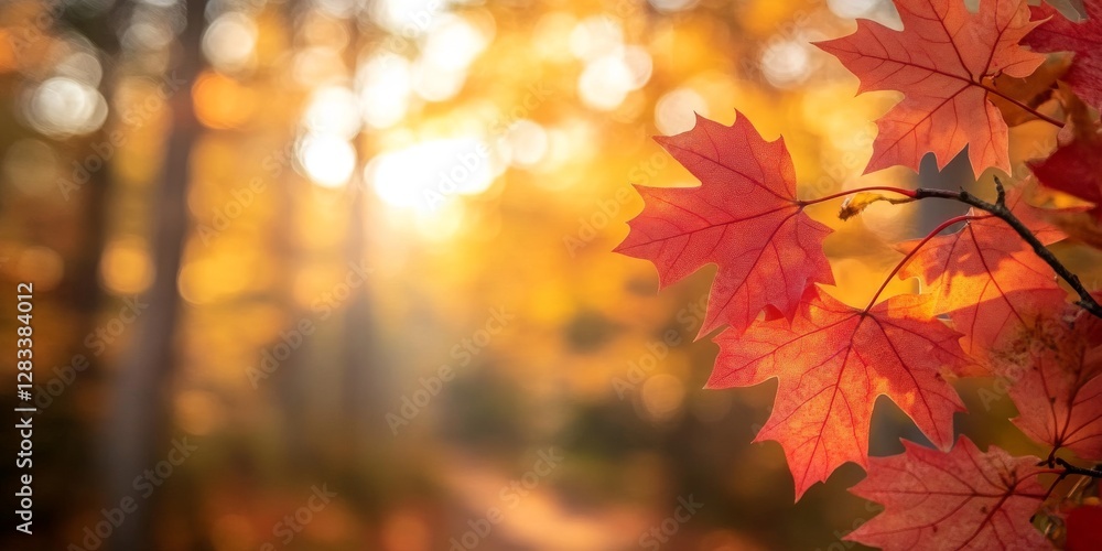 Vibrant red maple leaves glowing in the warm autumn sunlight Vibrant red maple leaves glowing in the warm autumn sunlight