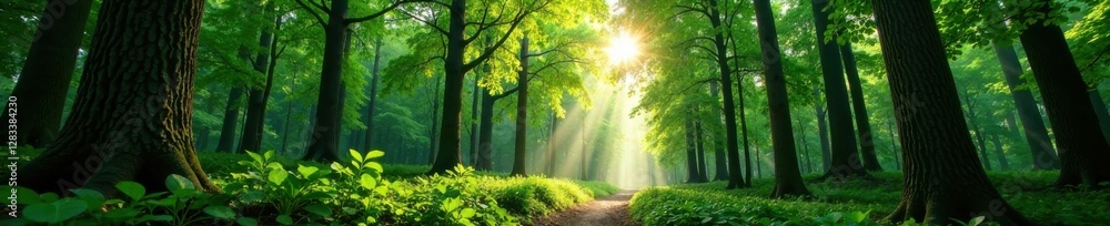 Obraz premium Dense forest with tall trees and sunlight filtering through leaves, ferns, evergreen, forest floor