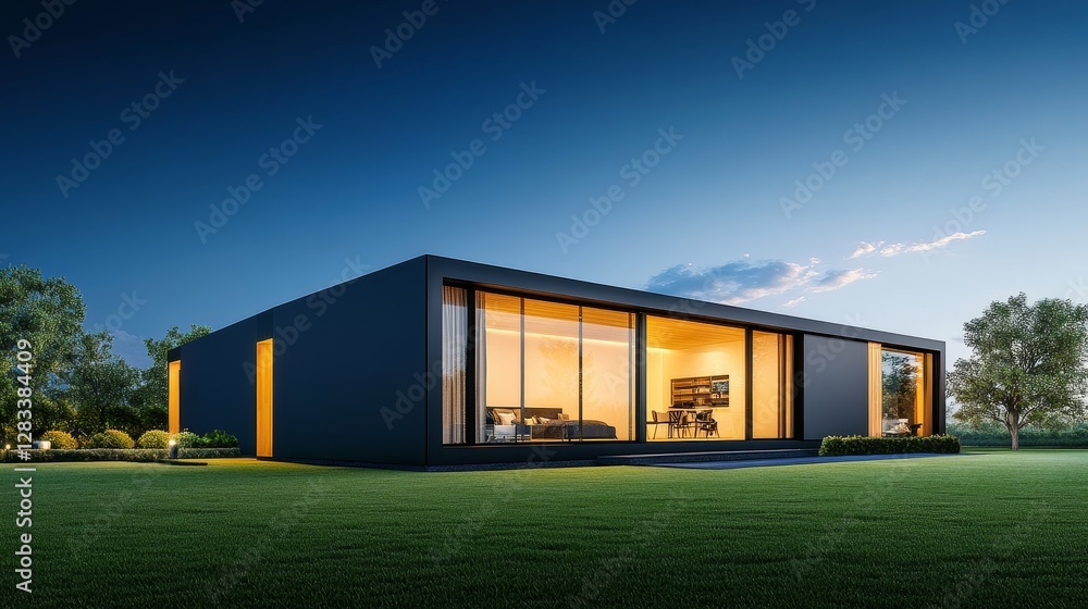 Modern Minimalist Home with Large Windows at Dusk in Open Landscape Modern Minimalist Home with Large Windows at Dusk in Open Landscape