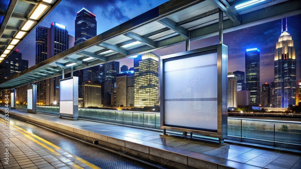 Naklejka premium A blank billboard in a subway station with a reflective surface, showcasing the cityscape and skyscrapers surrounding it at night , urban landscape, neon lights