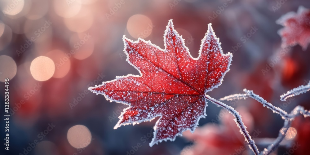 Red maple leaf covered with frost during sunset in winter Red maple leaf covered with frost during sunset in winter