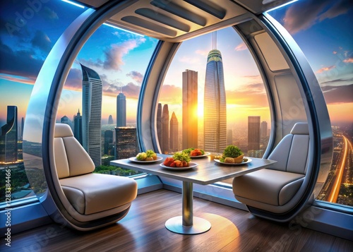 Sleek delivery pods whisk gourmet meals across the futuristic cityscape, a culinary revolution on wheels. photo