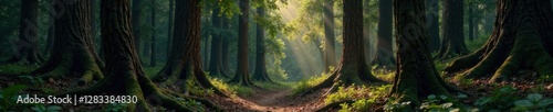 Dense forest with twisted tree trunks on dark wood background, woods, nature, shadows