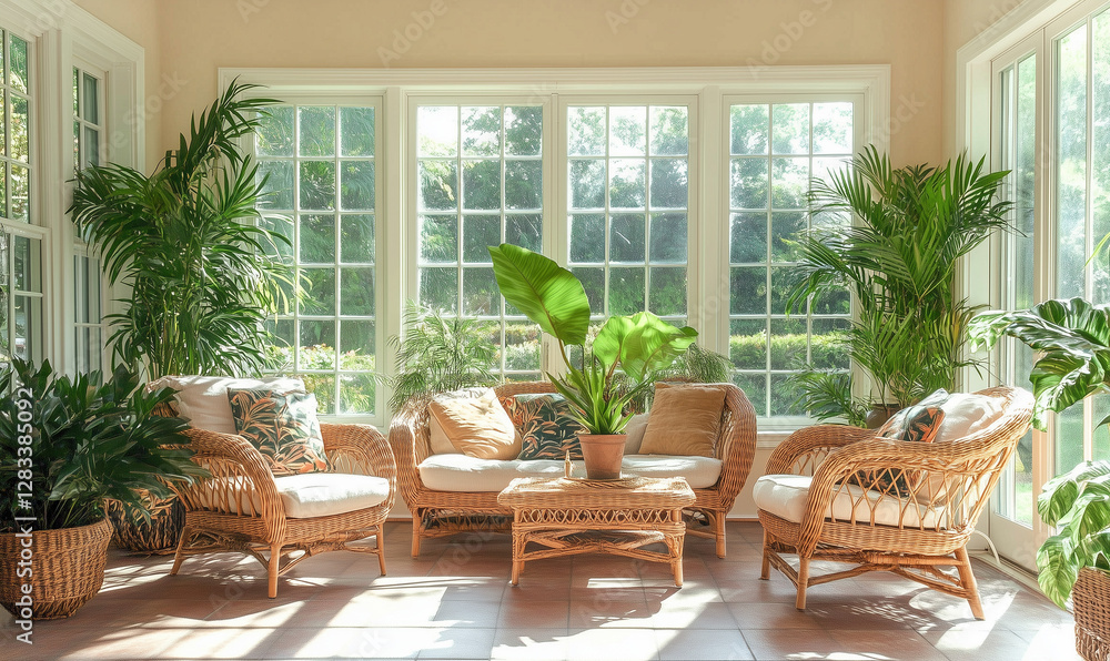 Fototapeta premium Bright sunroom adorned with wicker furniture and tropical plants creating an inviting space with warmth