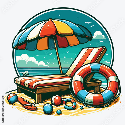 BEACH CHAISE LONGUE LIFEBUOY stock illustration