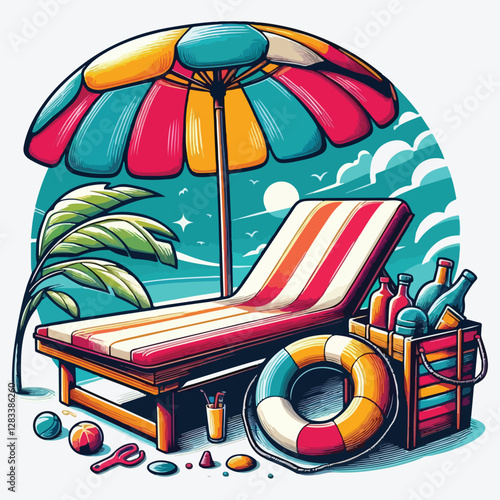 BEACH CHAISE LONGUE LIFEBUOY stock illustration
