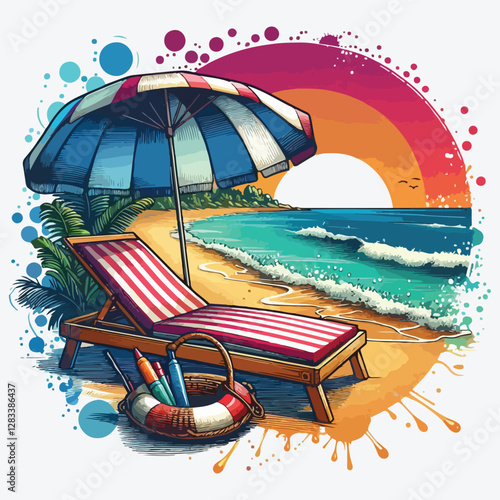 BEACH CHAISE LONGUE LIFEBUOY stock illustration