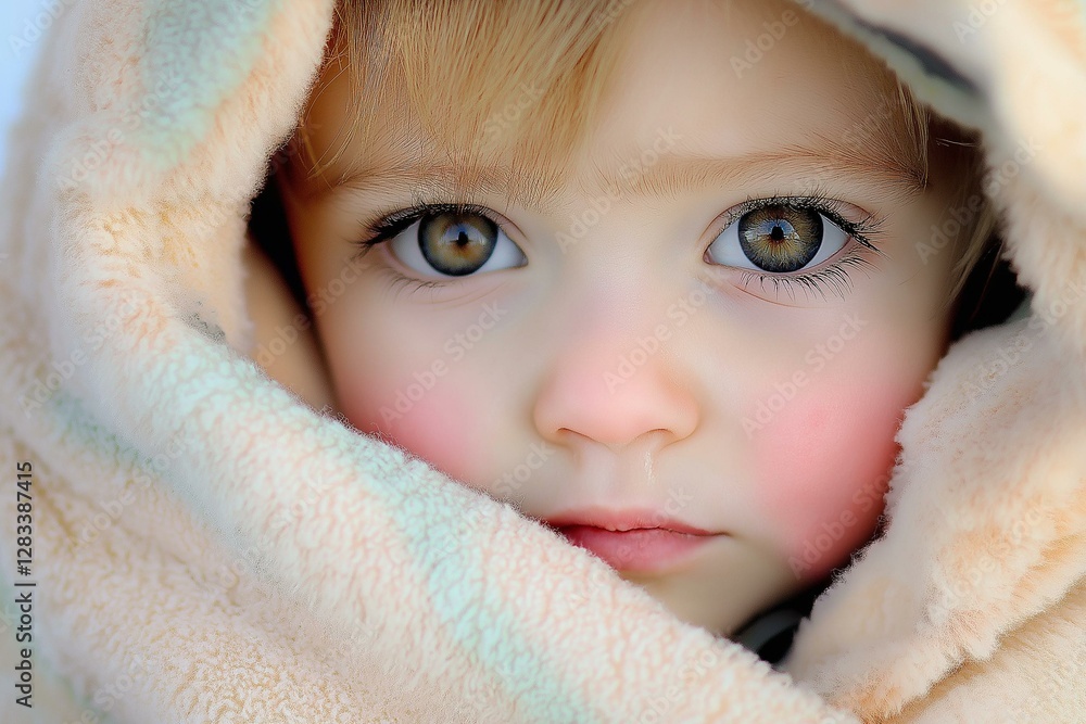 A close-up of a child wrapped in a soft blanket, showcasing deep, expressive eyes. A close-up of a child wrapped in a soft blanket, showcasing deep, expressive eyes.