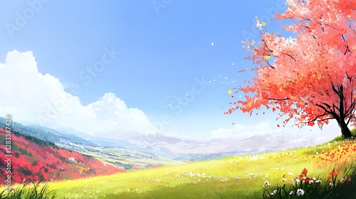 Pink Blossom Tree on a Hilly Landscape Under a Sunny Sky photo