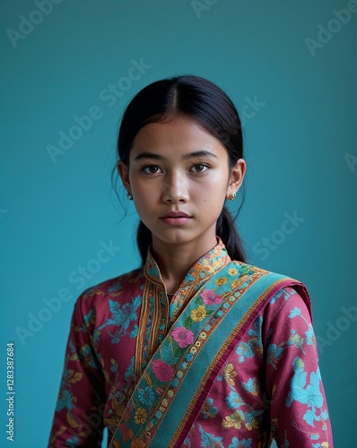 Cambodian female teen in a sampot on close up portrait plain turquoise background photo