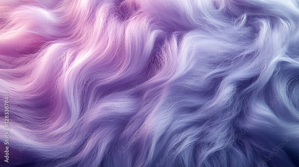 Obraz premium A macro shot of ombre fur blending lilac to silver-gray, intricate fine strands glowing under subtle lighting, smooth flowing textures arranged in natural swirls, photorealistic finish,