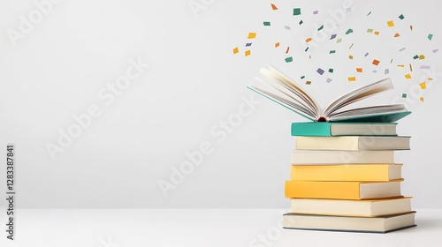 Colorful Confetti Surrounds Open Book on Stack of Books