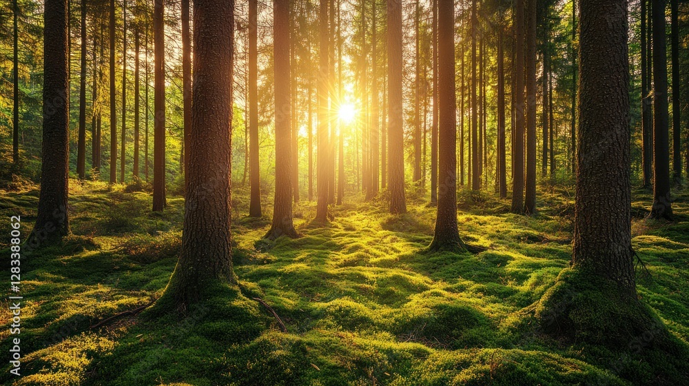 Obraz premium Sunlight Filtering Through Trees in a Lush Forest (1)