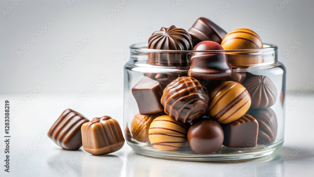 Sweet treats! A close-up of chocolate candies in a glass jar, a tempting candy background. Sweet treats! A close-up of chocolate candies in a glass jar, a tempting candy background.