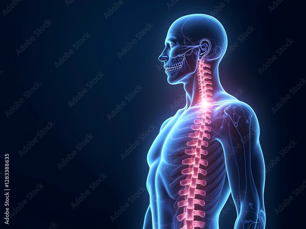 Futuristic 3D medical illustration of a human skeletal system with a glowing spine, highlighting spinal health, Perfect for healthcare, technology, medical and anatomy-related concepts Futuristic 3D medical illustration of a human skeletal system with a glowing spine, highlighting spinal health, Perfect for healthcare, technology, medical and anatomy-related concepts