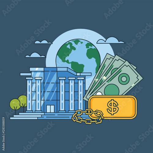vector colorful economy trading graph cash money linked with curved dash line over the world bank