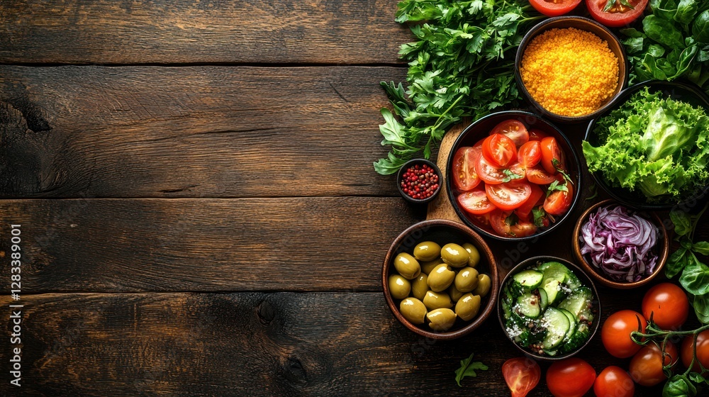 Assorted fresh vegetables arranged on rustic wooden surface Assorted fresh vegetables arranged on rustic wooden surface