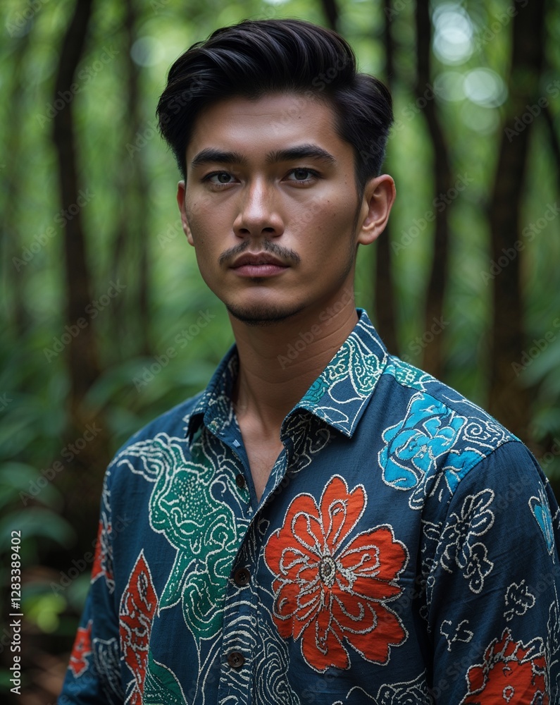 Fototapeta premium Indonesian male young adult in casual batik shirt on close up portrait plain forest green background