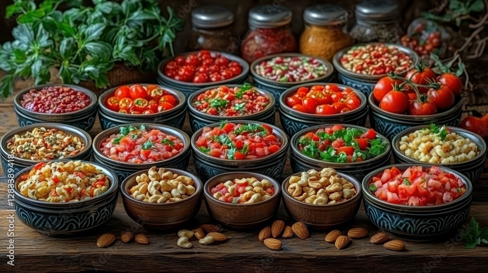 Assorted tapas of tomato salsa and other dishes on rustic wooden table, colorful spices in jars in background Assorted tapas of tomato salsa and other dishes on rustic wooden table, colorful spices in jars in background