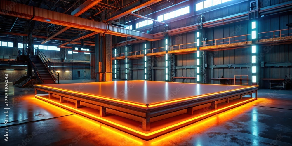 A glowing orange platform with neon light in a darkened industrial setting, glowing platform, industrial A glowing orange platform with neon light in a darkened industrial setting, glowing platform, industrial