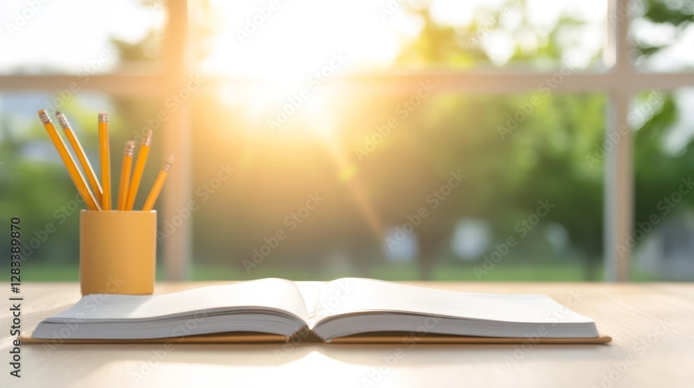 Open Book with Pencils on Table by Window in Soft Morning Light Open Book with Pencils on Table by Window in Soft Morning Light